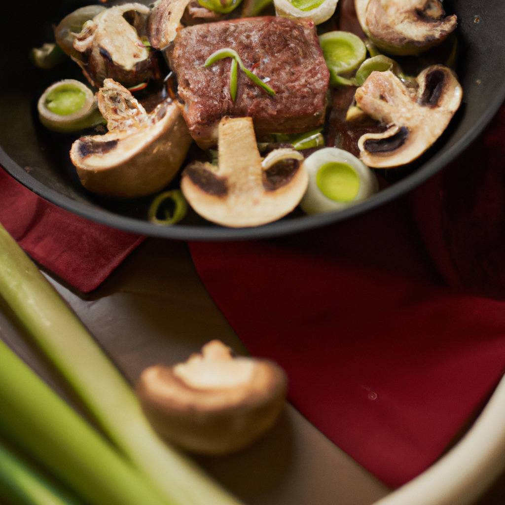 Fotografia que ilustra a receita de : Carne de vaca com alho francês e cogumelos