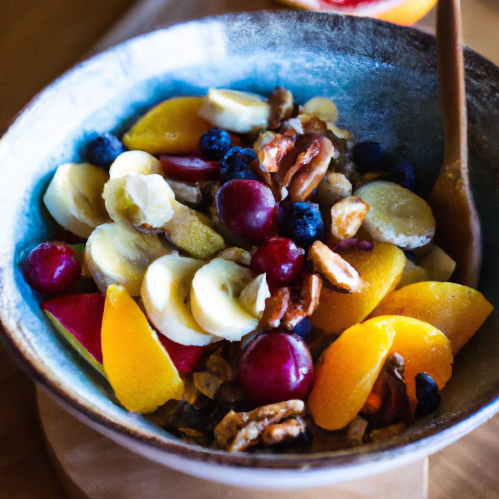 Fotografia que ilustra a receita de : Taça de pequeno-almoço com fruta e nozes