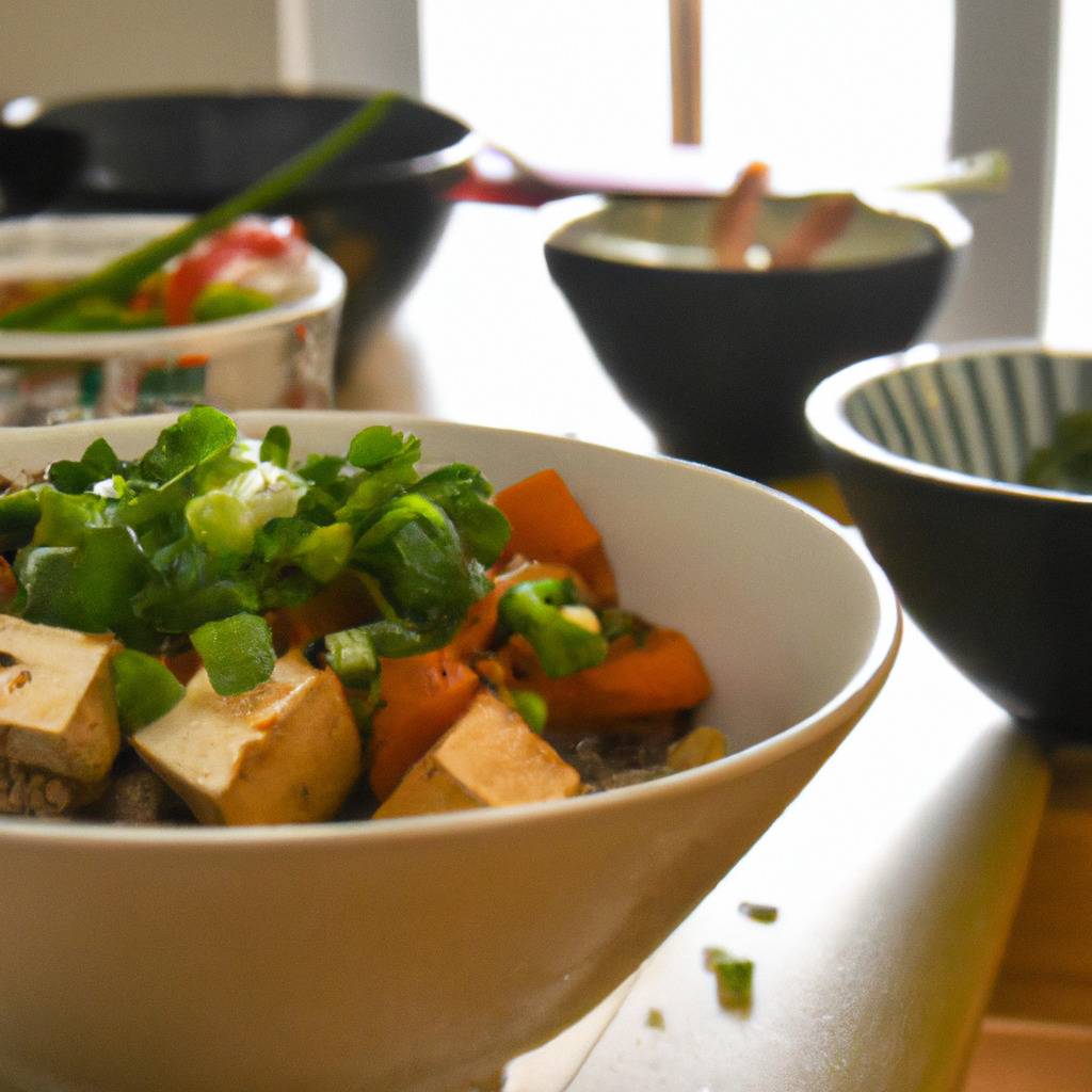 Foto que ilustra la receta de : Bol de arroz con verduras y tofu teriyaki