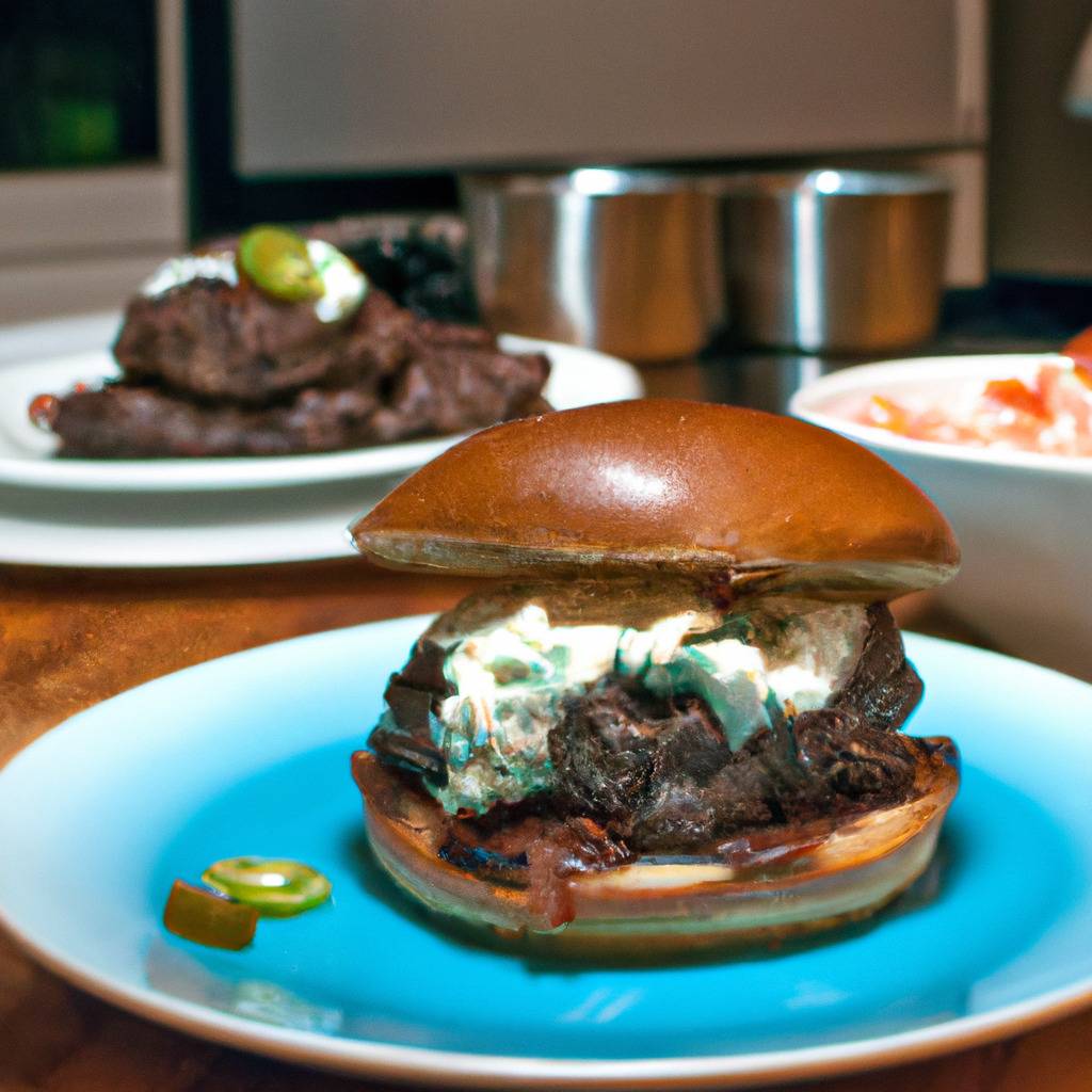 Fotografia que ilustra a receita de : Hambúrguer de carne moída com molho de queijo azul