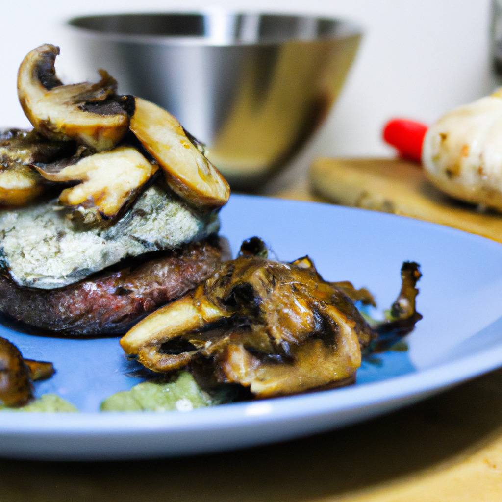 Fotografia que ilustra a receita de : Hambúrguer com queijo azul e cogumelos salteados