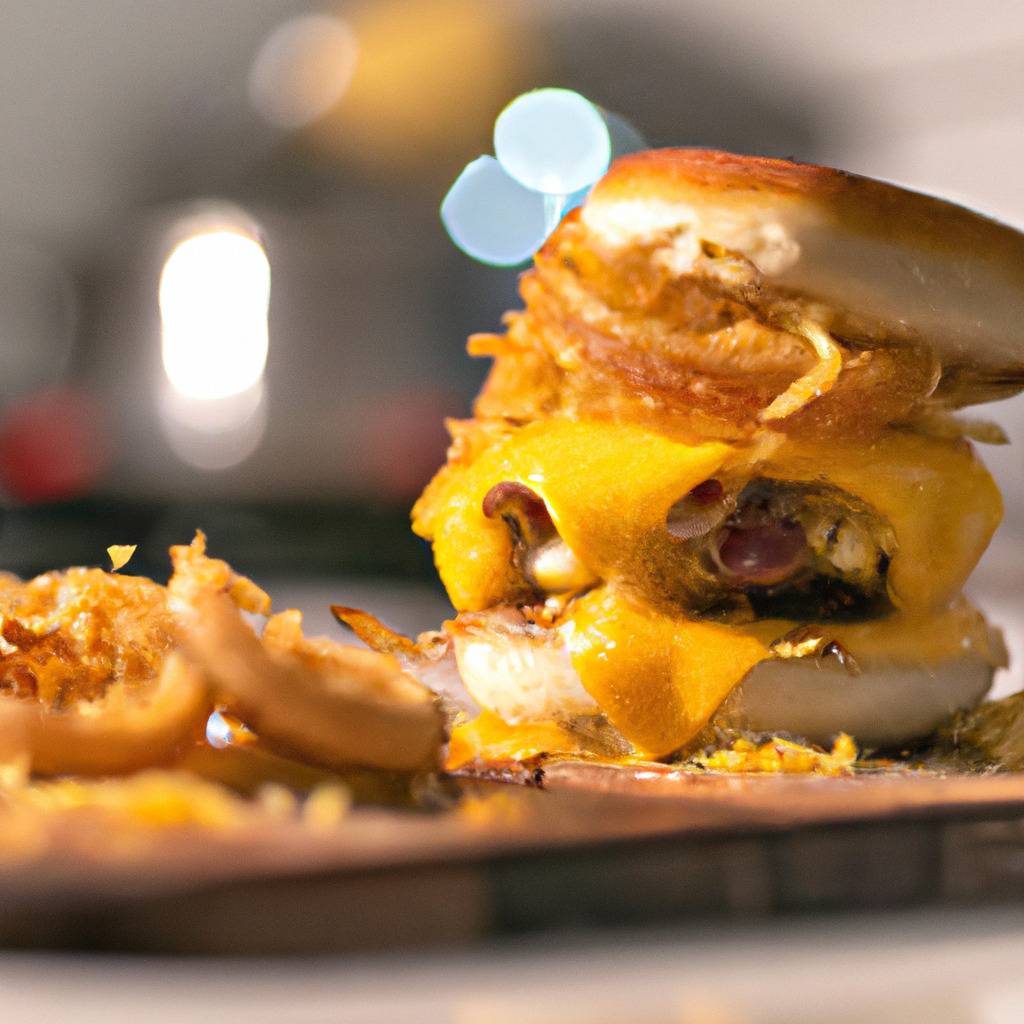 Fotografia que ilustra a receita de : Hambúrguer com queijo cheddar e cebolas fritas crocantes