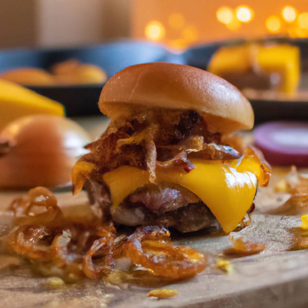 Fotografia que ilustra a receita de : Hambúrguer com queijo cheddar e cebolas fritas