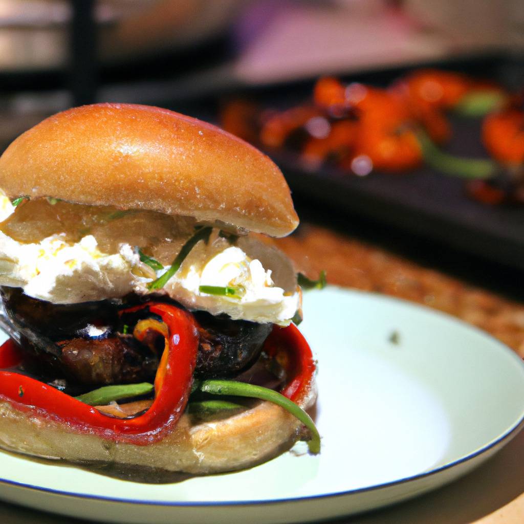 Foto que ilustra la receta de : Hamburguesa de queso de cabra con pimientos a la parrilla