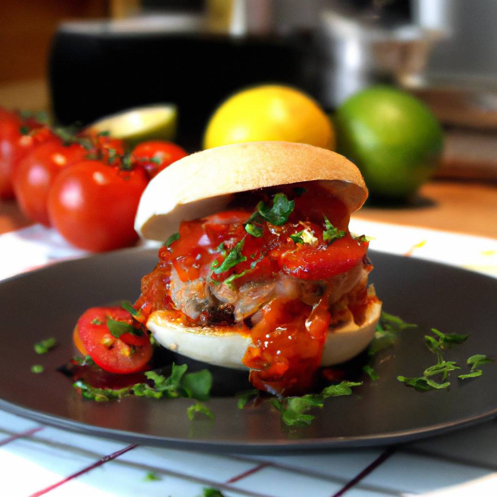 Photo illustrant la recette de : Burger au porc épicé et à la salsa de tomates