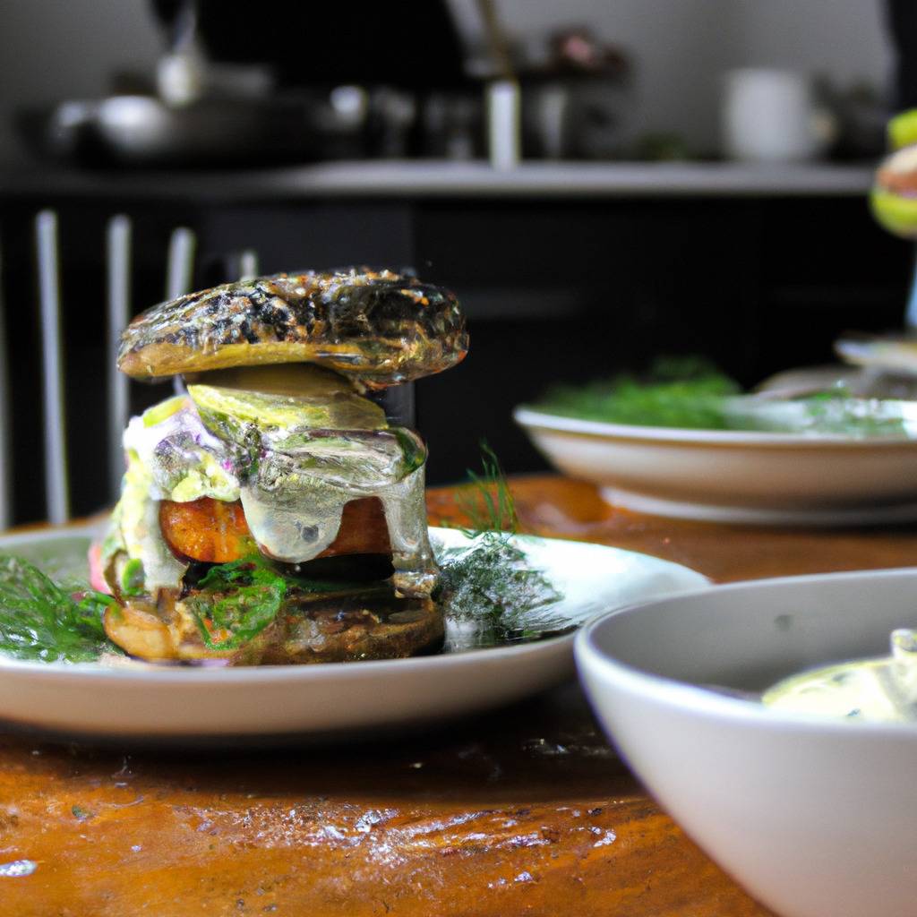 Photo illustrating the recipe from : Grilled salmon burger with dill sauce