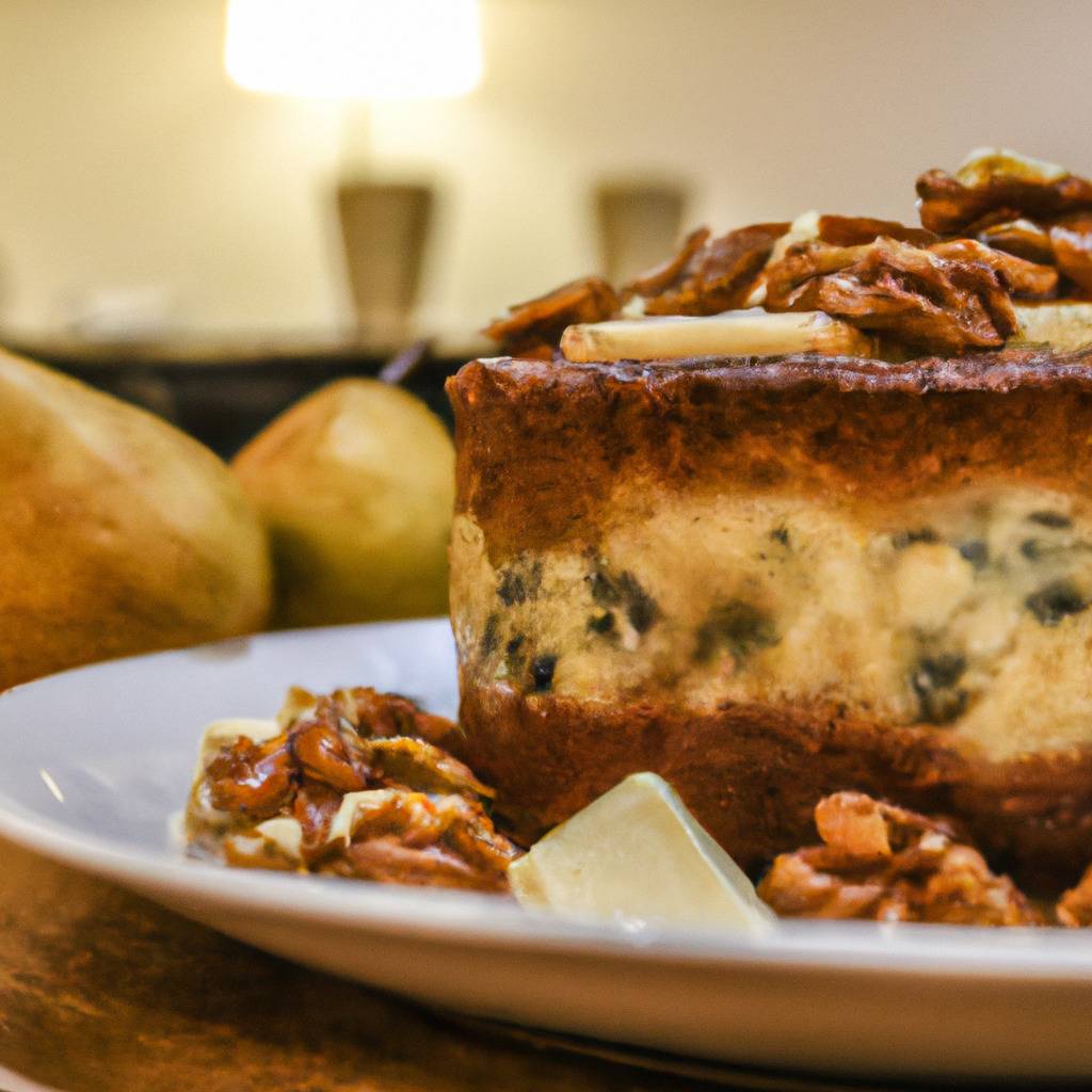 Photo illustrant la recette de : Cake au fromage bleu, poires et noix