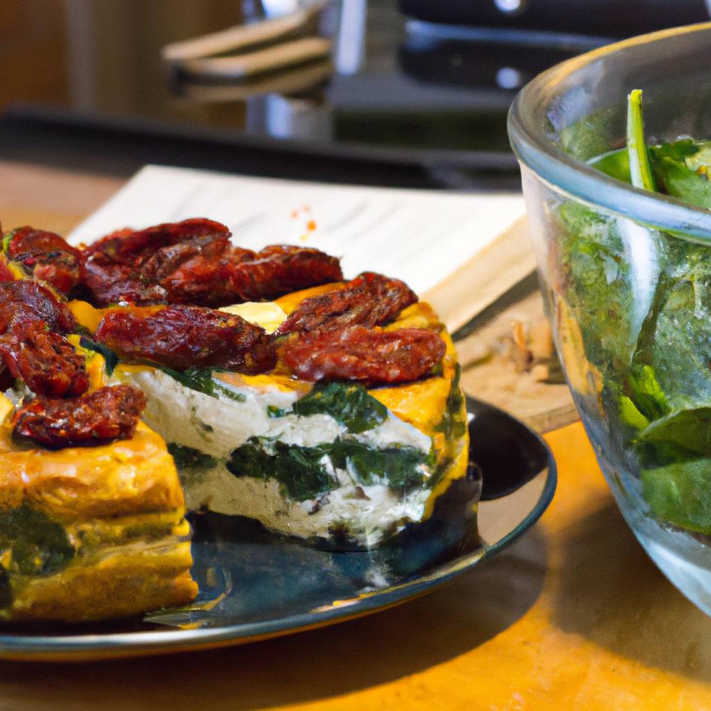 Foto que ilustra la receta de : Pastel de queso de cabra, espinacas y tomates secos