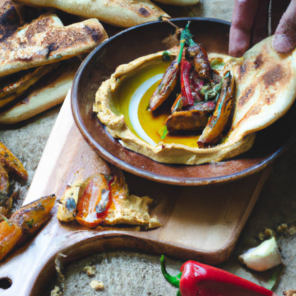 Photo illustrant la recette de : Pain pita garni de houmous et de légumes grillés