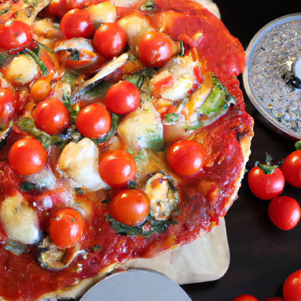 Foto que ilustra la receta de : Pizza de mariscos y tomates cherry