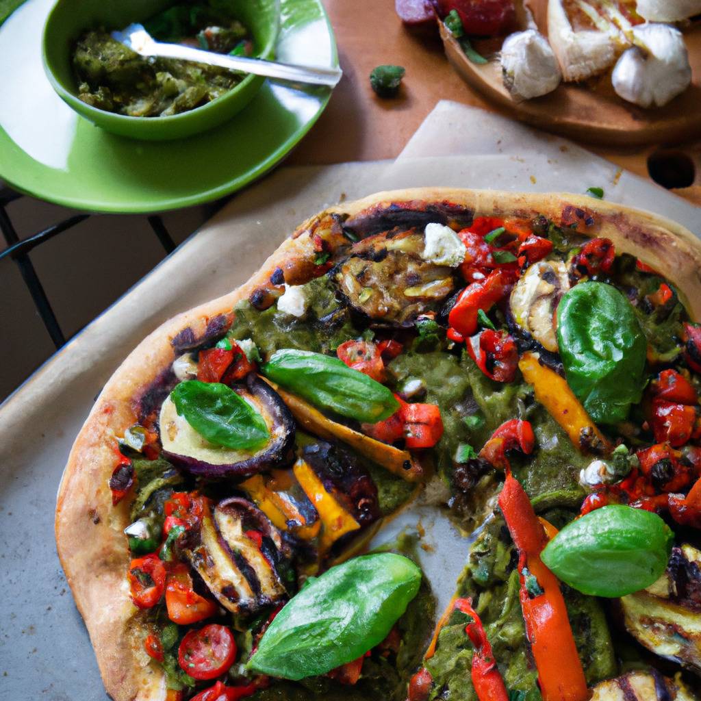 Foto que ilustra la receta de : Pizza con verduras asadas y pesto