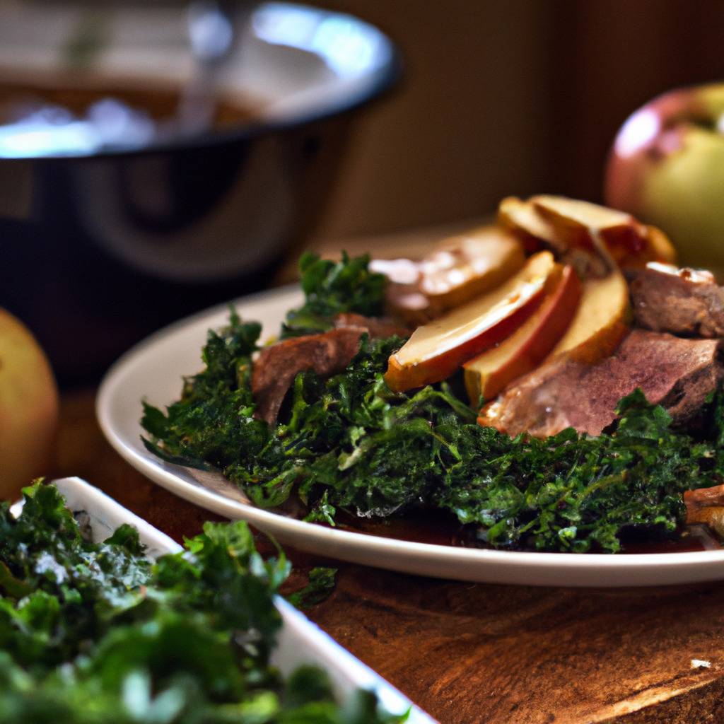 Foto que ilustra la receta de : Carne de cerdo con manzanas y col rizada