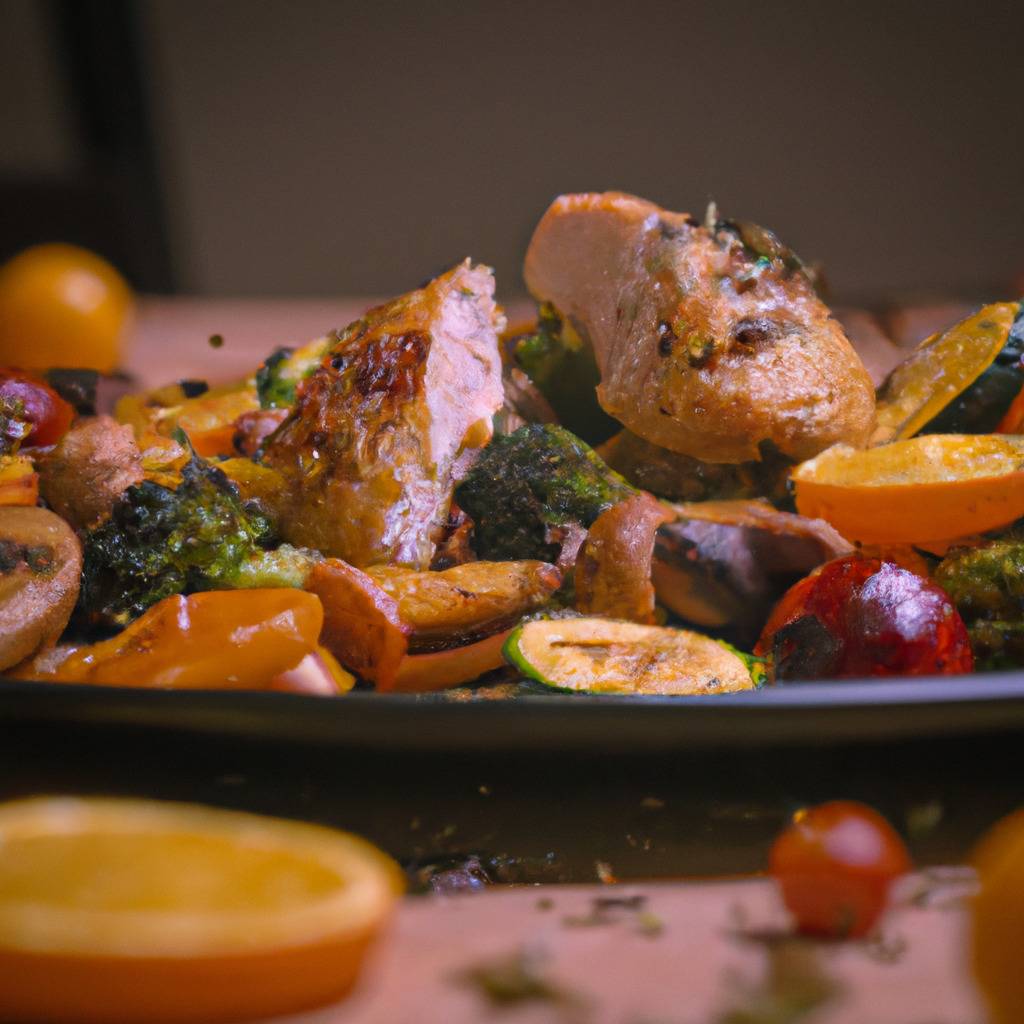 Foto che illustra la ricetta da : Pollo all'arancia con verdure arrosto