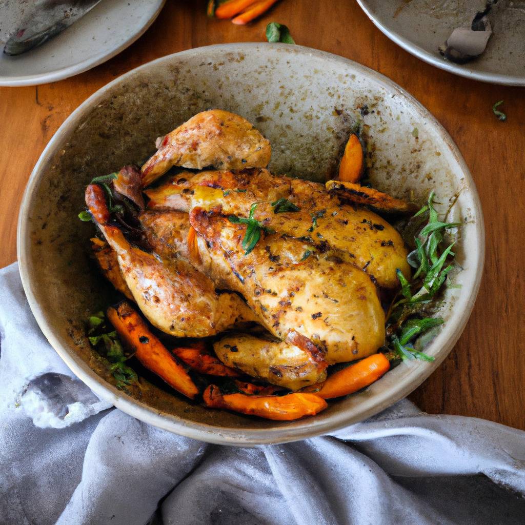 Photo illustrant la recette de : Poulet rôti aux herbes et légumes racines