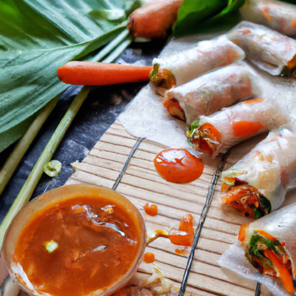 Photo illustrant la recette de : Rouleaux de printemps aux légumes et à la sauce cacahuète