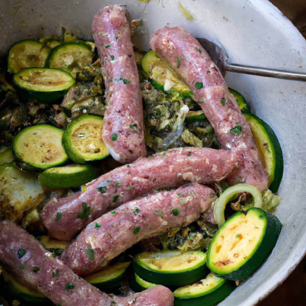 Foto que ilustra la receta de : Salchichas de pavo con hierbas y calabacines