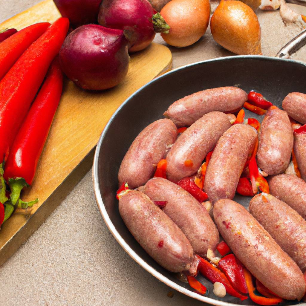 Fotografia que ilustra a receita de : Salsichas de porco com pimentos e cebolas