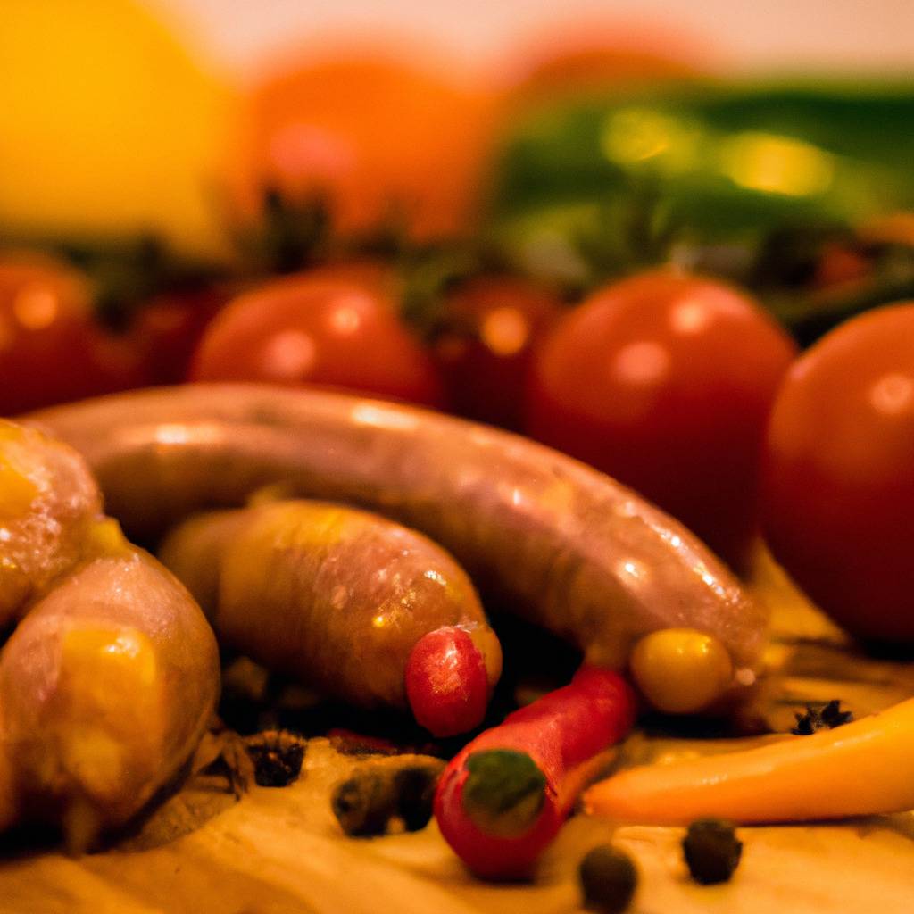 Foto que ilustra la receta de : Salchichas de cerdo con pimientos y tomate