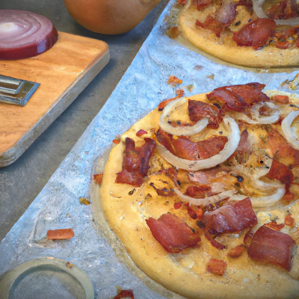 Photo illustrant la recette de : Tarte flambée (Flammekueche) au lard et oignons